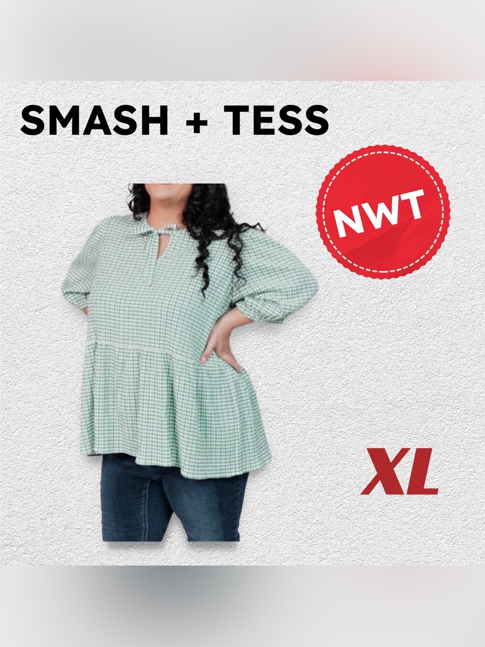 🇨🇦🆕NWT SMASH+TESS |XL| Green Valentina Puff Sleeves Top - peplum & gingham*